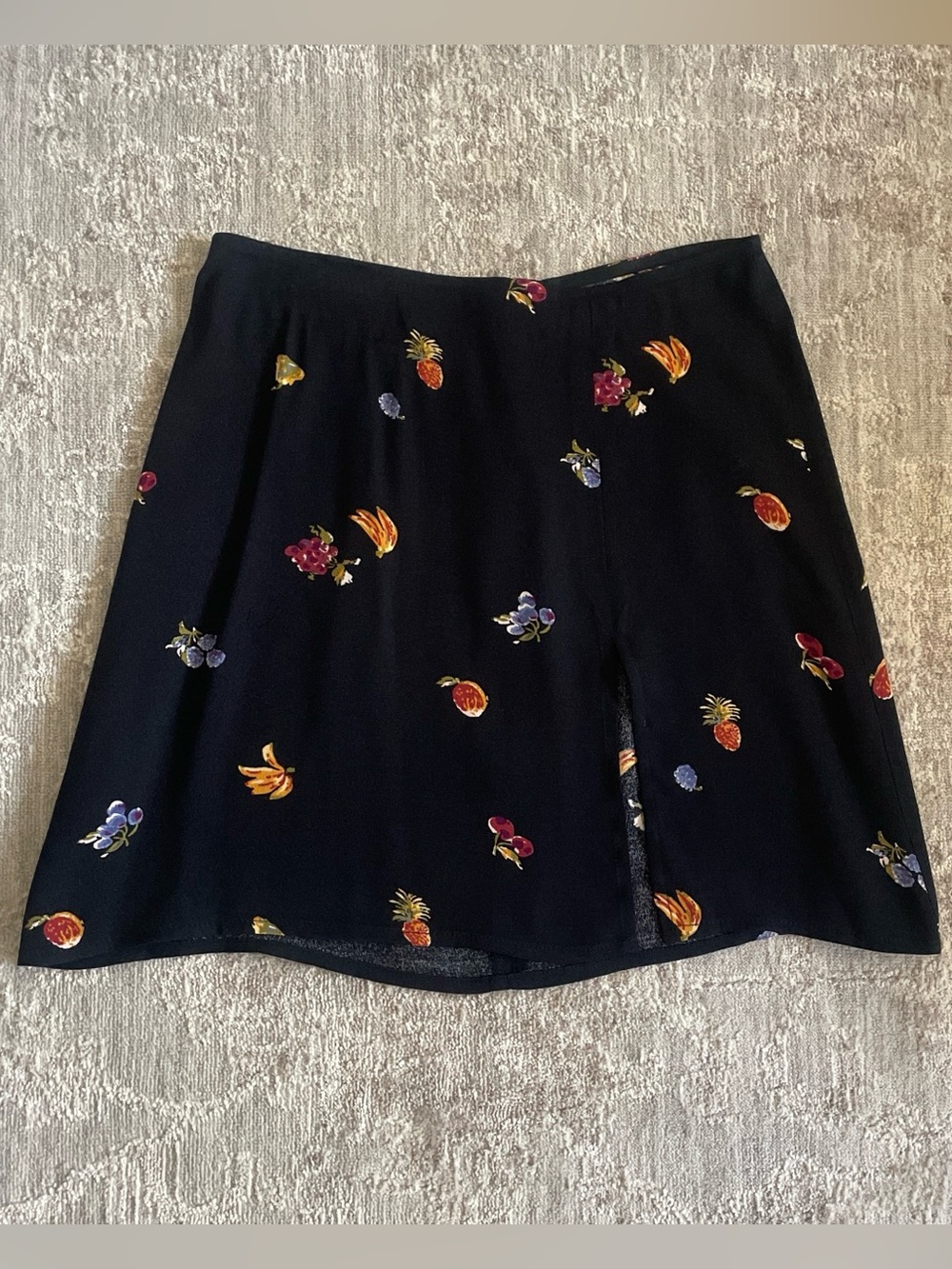 Reformation Black Mini Skirt with Colorful Fruit Motif